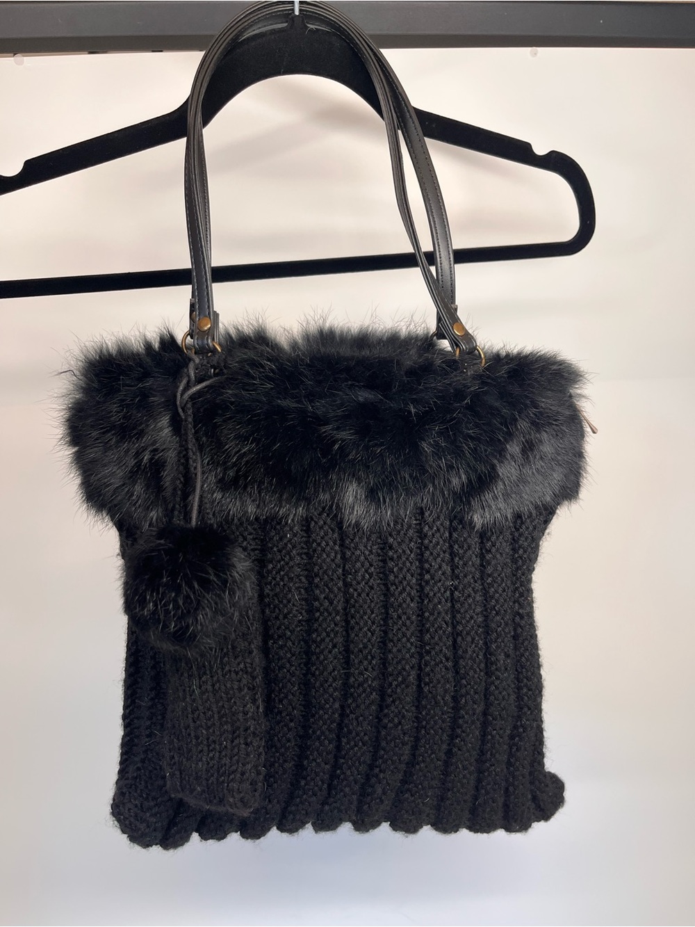 Murval Black Faux Fur Trim Knit Tote